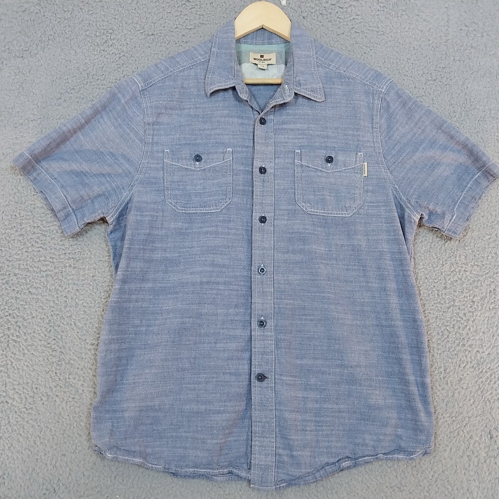 Woolrich Shirt Large‎ Blue chambray Short Sleeve Button Up Men's 100% Cotton